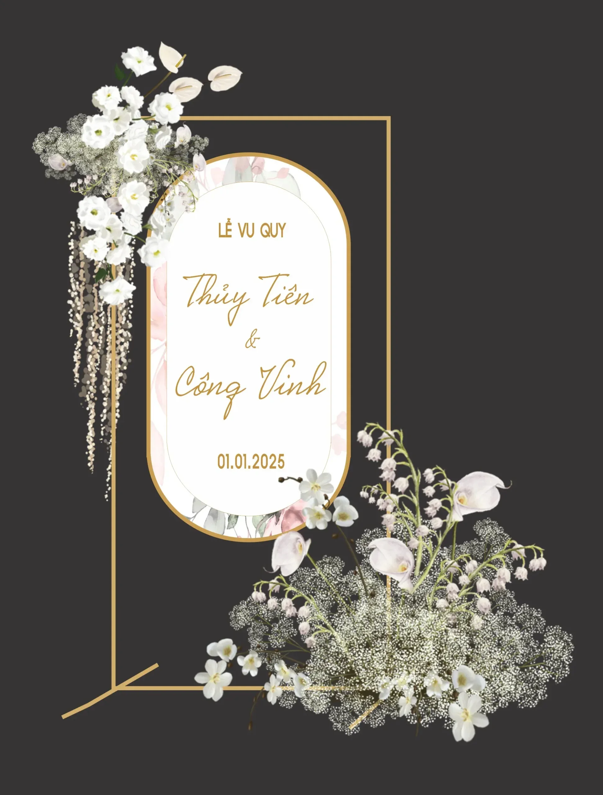 Bảng Welcome Wedding khung vàng Gold bo góc